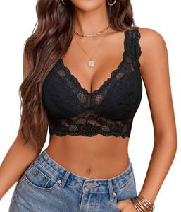 lot 9022 image: Avidlove Bralettes for Women Lace Bra Longline Bralette Deep V Triangle Sexy Everyday Lingerie Bras Non Padded Black 2XL