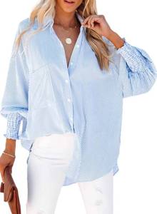 lot 9047 image: Womens Smocked Cuffed Striped Boyfriend Shirt Casual Collar Long Sleeve Oversized Button Down Blouse Tops with Pocket Shirred Blue Large