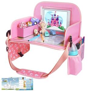 lot 9049 image: MENZOKE Kids Travel Tray for Toddler Car Seat, Lap Tray for Girl Activities with Dry Erase Board & Cooler Cup Holder, Road Trip Essentials Accessories with No-Drop Large Tablet iPad Holder Stand,Pink