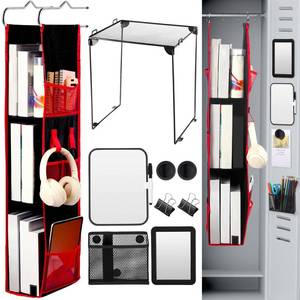lot 9063 image: Feifeiya 9 Pcs Locker Organizer and Accessories Kit Includes Shelf, 3 Shelf Hanging Organizer, Magnetic Pen Holder, Mirror, Whiteboard with Pens and Magnets for Back to School Essentials(Black)
