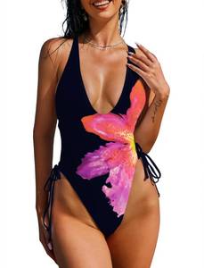 lot 9075 image: ZAFUL Women Plunging One Piece Swimsuit Backless Cross Tie High Cut Thong One-Piece Bathing Suit 0-Black floral2 XL