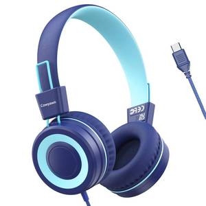 lot 9107 image: Cowyawn USB Type C Kids Headphones for School, Wired Toddler Headphones, 94dB Volume Limited, HD Stereo Sound, Foldable Lightweight On-Ear Wired Headphones for KidsChildrenTeensBoys (Dark Blue)
