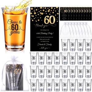 lot 9109 image: FillTouch 50 Sets Birthday Party Favors for Guests Bulk, 1.4 oz Cheers to 404550556065 Years Plastic Personalized Glasses Cups with Thank You Cards Gift Bag for Birthday Wedding (Black 60 Years)
