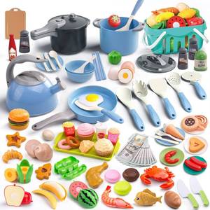 lot 9162 image: 130Pcs Kitchen Playset, Toddler Pretend Cooking Play Pots, Pans, Utensils Cookware, Daily Food Fruit Veges, Shopping Storage Basket, Dessert, Prop Money, Learning Gift for Child (Blue)