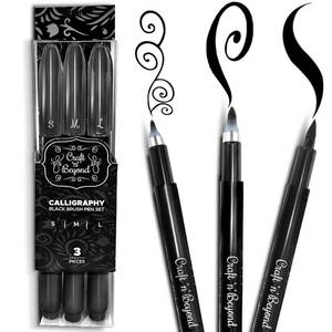 lot 9175 image: Craft n Beyond Calligraphy Brush Pens Pack of 3 Small, Medium and Large Markers for Hand Lettering, Art Drawing, Sketching, Scrapbooking, Writing, Journaling - Beginner Kit with Fadeproof Black Ink