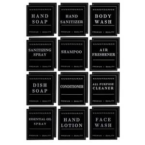 lot 9185 image: 24 PCS Black Waterproof Labels for Bottles, Shampoo and Conditioner Dispenser Label Stickers, Bathroom Hand Soap Label Stickers,Removable Cleaning Labels for GlassPlastic Spray Bottle