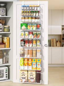 lot 9214 image: Delamu 9-Tier Over the Door Pantry Organizer with Acrylic Panel, Pantry Organization and Storage, White Hanging Basket Wall Spice Rack Seasoning Shelves, Home Kitchen Bedroom Bathroom House Essentials