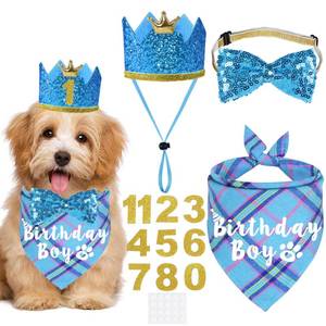 lot 9918 image: JOTFA Dog Birthday Party Supplies, Multi Sizes Dog Birthday Hat Crown with Numbers Bandana Boy Bow Tie for Small Dogs Pets (Light Blue, Small)