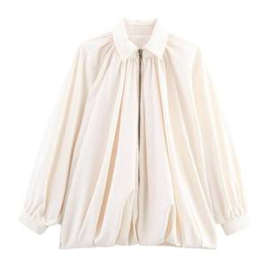 lot 9964 image: Xunger Womens Puffed Bomber Jacket Oversized Streetwear Casual Batwing Sleeve Lapel Collar Zip Front Pleated Shirts(1036-01Beige-S-RD)
