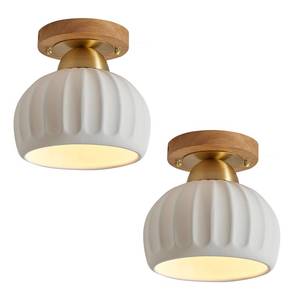 lot 9971 image: 2 Pack Ceramic White Globe Wood Brass Gold Semi Flush Mount Ceiling Light Vintage Hallway Light Fixtures, Mid Century Modern Small Ceiling Mount Light Lamp for Kitchen Laundry Room Entryway Foyer