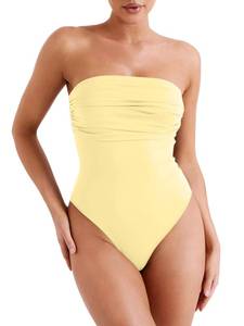 lot 9995 image: REORIA Womens Sexy Strapless Ruched Bodysuit Tube Top Sleeveless Trendy Body Suits Yellow X-Small