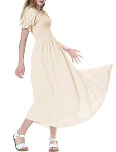 lot 9038 image: Women Summer Casual Short Puff Sleeve Square Neck Cottagecore Flowy Split Maxi Beach Long Dress Cream Large
