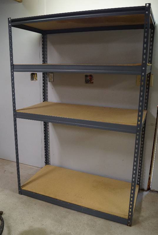 lot 1000 image: Shelving Unit - 4 shelf - Great for our garage - See pics for measurements
