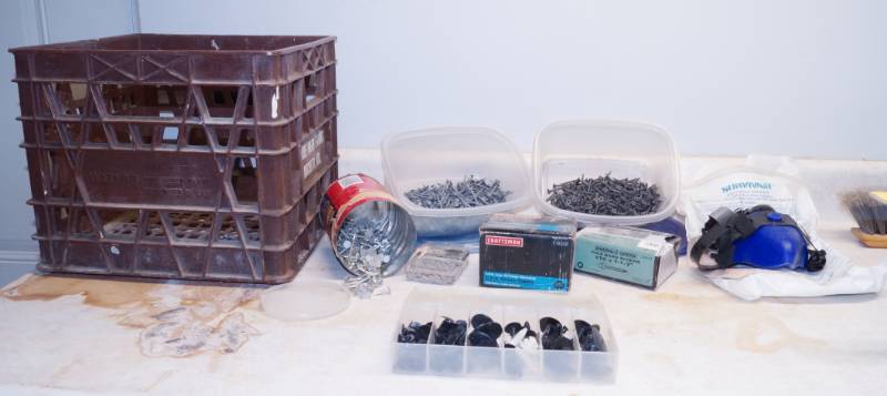 lot 1016 image: Lot of misc. hardware - nails, screws, staples, respirator mask and more See pics w crate