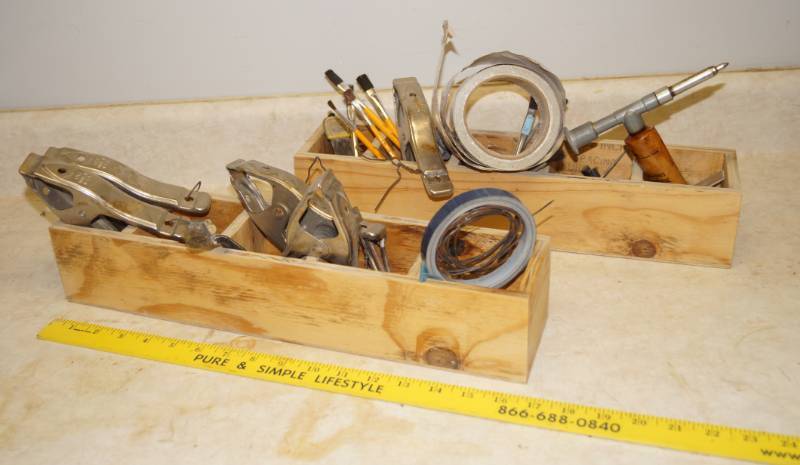 lot 1135 image: Lot of 2 Wooden Tool Caddies Full of Tools, Clamps, Etc.