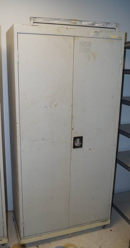 lot 1139 image: Sandusky Material Storage Cabinet - on heavy duty wheels -contents - see pics for measurements (no key)
