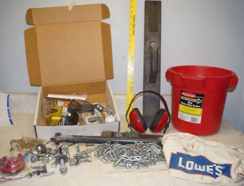 lot 1175 image: Handyman Lot - Ear muffs, Chain, Toilet flapper, nuts, bolts, and more