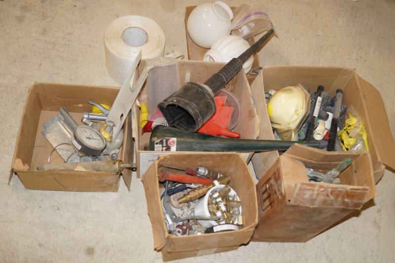 lot 1190 image: Lot of Mechanical Misc. - Gauges, Funnels, Pneumatic Items, Box of Clamps and more