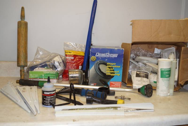 lot 1201 image: Lot of Misc. Shop and Automotive Items - scrapers, marking chalk, shelving brackets, vacuum filter, vintage pencil sharpener and more Corian Glue