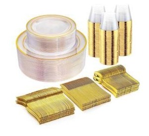 lot 56318 image: 300-Piece Gold-Rimmed Clear Plastic Dinnerware Set - Retail $45