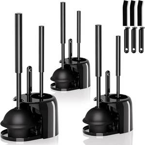 lot 57970 image: 3-Pack 3-in-1 Toilet Brush and Plunger Set Black - Retail $35