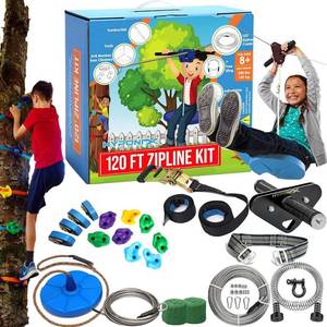 lot 7982 image: 120ft Backyard Zipline Kit with Climbing Holds - Retail $159