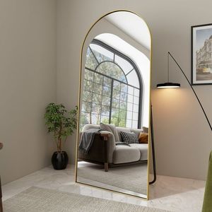 lot 7993 image: Modern Arched Floor Mirror with Gold Frame - Retail $168