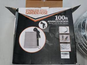 lot 58121 image: 100ft Stainless Steel Garden Hose with Spray Nozzle - Retail $45