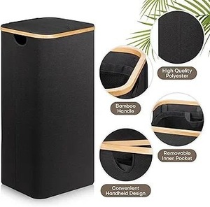 lot 59062 image: Modern Black Laundry Hamper with Bamboo Rim - Retail $33