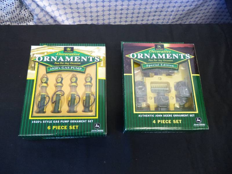 lot 2476 image: 1920s style John Deere Gas Pump ornament set 6pc. Authentic John Deere ornament 4pc. set