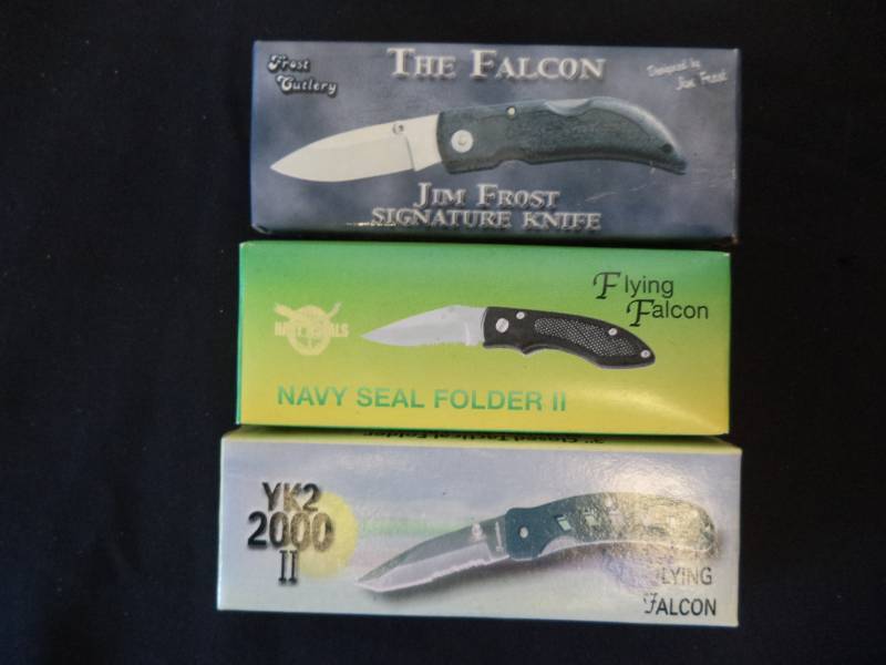 lot 2483 image: New in box Flying Falcon YK2 2000 II Pocket Knife. New in boxFlying Falcon Navy Seal Folder II Pocket Knife, New in box Jim Frost signature Knife