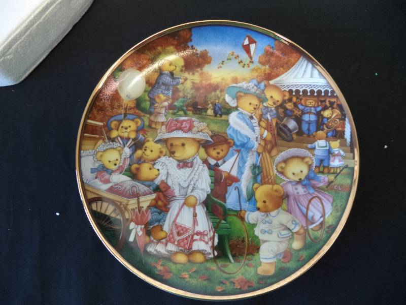 lot 2493 image: New Teddy Bear Outing by Carol Lawson wCertificate of Authenticity Franklin Mint