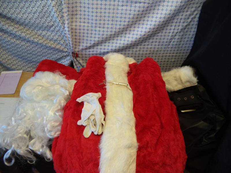 lot 2579 image: Santa Suit- Hat, Wig, Beard, Jacket, Pants, Shoes, Belt, Gloves, Glasses