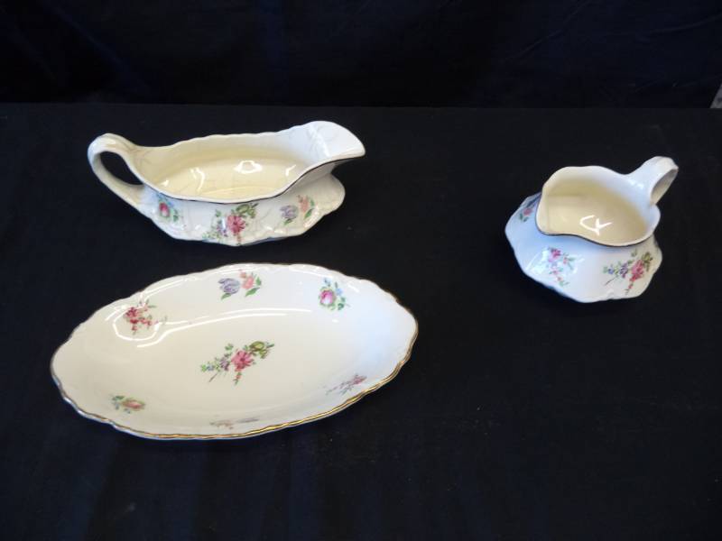lot 2649 image: Antique Household Institute Priscilla Pattern Gravy Boat, Drip Plate, & Creamer Bowl