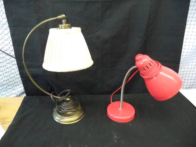 lot 2696 image: Red & Metal Desk Top Lamps