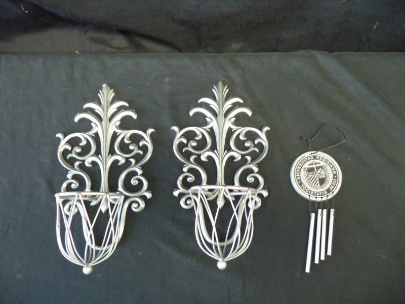 lot 2720 image: 2 Silver Candle Holder & Wind Chime