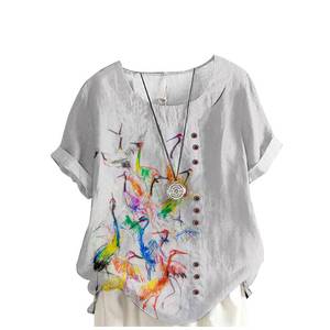 lot 2053 image: MARSVOVO Oversize Tshirt Women Button Down Art Colorful Crane Patterned Short Sleeve Relaxed Crew Neck Vintage Tunic Pullover for Women,XL - Retail $28