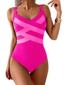 lot 2055 image: Aidonger One Piece Swimsuit for Women Modest Full Coverage Bathing Suit Slimming Color Block V Neck Swimwear L - Retail $19