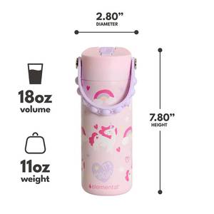 lot 2073 image: Elemental Insulated Kids Water Bottle, Stainless Steel Water Bottle with Straw Lid and Pop-It Handle, Leak-Proof Water Bottles for School, Boys or Girls, Travelling and Sports, 18oz - Unicorn Magic - Retail $24