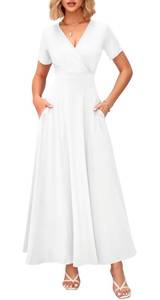 lot 2095 image: WNEEDU Womens Summer Maxi Dress Short Sleeves Wrap V Neck Long Dresses with Pockets(White,S) - Retail $36