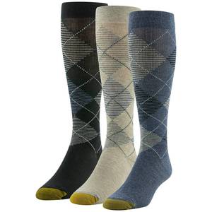 lot 2100 image: GOLDTOE Mens Mild Compression Over The Calf Socks, Multipairs, DenimKhaki HeatherBlack Navy (3-Pairs), Large - Retail $15