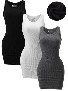 lot 6031 image: Chongbaijia 3 Pack Summer Dresses for Women 2025 Ribbed Tank Top Dress Scoop Neck Sleeveless Sundress Basic Bodycon Mini Dress - Retail $15