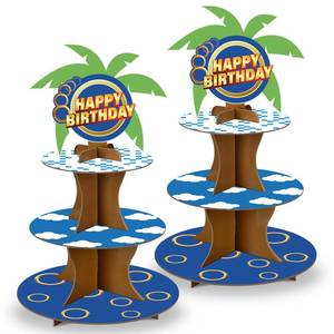 lot 15428 image: Geelin 2 Pcs 3 Tier Blue and Gold Ring Cartoon Round Cupcake Stand Birthday Decoration Animals Forest Ring Tray Cake Stand Decorations for Birthday Party Baby Shower Supplies - Retail $15