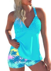 lot 16413 image: ROSEWE Womens Tankini Bathing Suits, Two-Piece Smocked Swim Dress, Print Swimsuits with Board Shorts Cyan L - Retail $40
