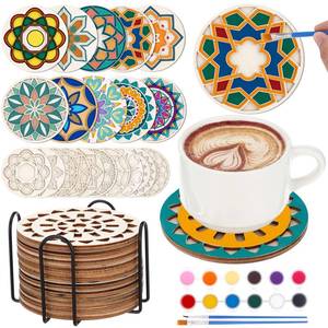 lot 16428 image: Leinuosen Wooden Coasters Painting Kit, Color Your Own Coaster Mandalas with Acrylic Paints, 4 Boho Drink Coaster Gift Crafts DIY Kit for Adults, Teens, Home Apartment Decor - Retail $16in
