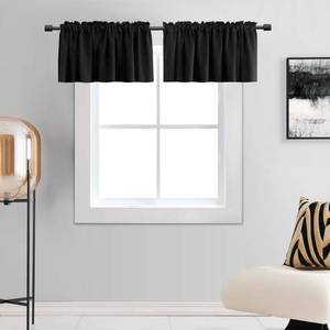 lot 16433 image: DONREN 12 Inches Long Black Valances for Windows - 2 Panels Blackout Window Valances for Basement with Rod Pocket (42 Inches Wide) - Retail $17