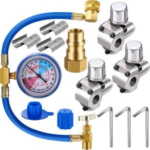 lot 16434 image: Mudder Bpv31 Piercing Valve 134a Kit R134a Refrigerant Charge Hose with Gauge, Hose Refrigerant Can Tap with Gauge R134a Can Connect to R12r22 Port 12 and Universal Retrofit Valve with Dust Cap - Retail $28