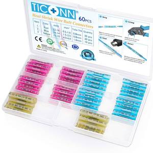 lot 16446 image: TICONN 60PCS Heat Shrink Butt Wire Connector Kit, Insulated Waterproof Electrical Wire Crimp Terminals Butt Splice for Marine Automotive (60PCS) - Retail $9