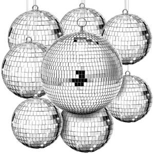 lot 16456 image: Haull 4 Pcs Large Disco Ball Set Silver Mirror Disco Reflective Ball with Hanging Ring Party Ornament Decoration for Stage Club Ballroom Dance Hall Wedding Prom Props(8, 6, 4) - Retail $65
