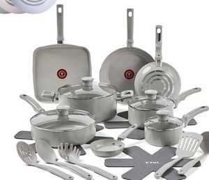 lot 19498 image: T-Fal Refresh Ceramic Pots and Pans Set, 20-Piece Nonstick Cookware Set, Stockpot, Griddle, Frying Pans, Utensils, Moon Grey - Retail $150